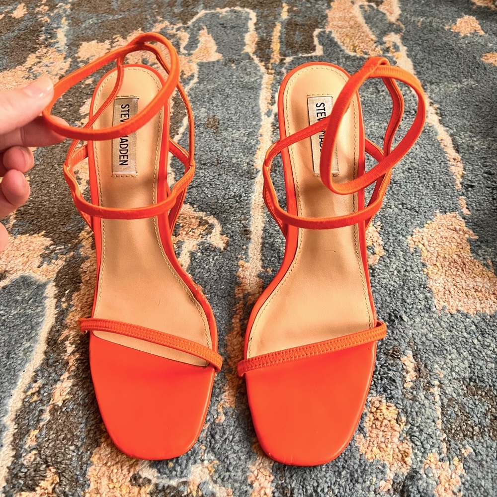 SM Steve Madden Orange Rounded Square Open Toe Stiletto Heels with Ankle Straps